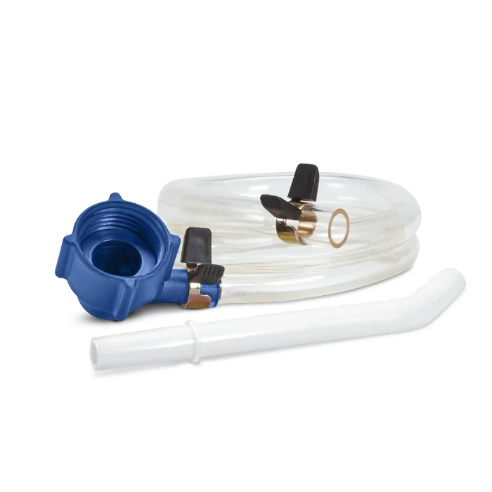 Clear tubing kit with blue fitting, shut-off valves, gasket, and white spout for woodworking dust collection.
