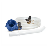 Clear tubing kit with blue fitting, shut-off valves, gasket, and white spout for woodworking dust collection.