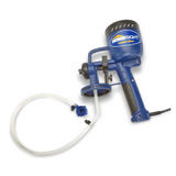 Blue handheld paint sprayer with tube attachment for woodworking and finishing projects