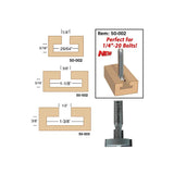 Woodworking t-slot router bit with bolt compatibility and slot size diagrams for joinery.