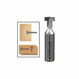 Metal keyhole router bit with diagram showing wood keyhole slot cutting