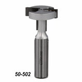 Steel woodworking slot cutter router bit with sharp cutting edges, product number 50-502.