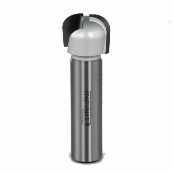 Carbide-tipped woodworking router bit with rounded cutting edge on white background