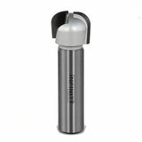Carbide-tipped woodworking router bit with rounded cutting edge on white background