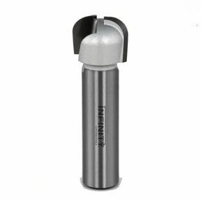 Carbide-tipped woodworking router bit with rounded cutting edge on white background