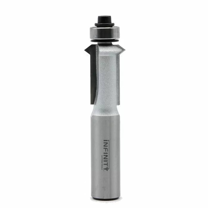 Straight carbide router bit with top-mounted bearing for woodworking precision cutting.