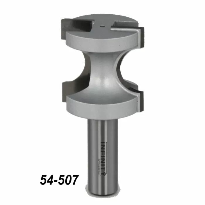Steel woodworking router bit with double cutting edges, labeled 54-507, on white background.