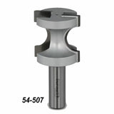 Steel woodworking router bit with double cutting edges, labeled 54-507, on white background.
