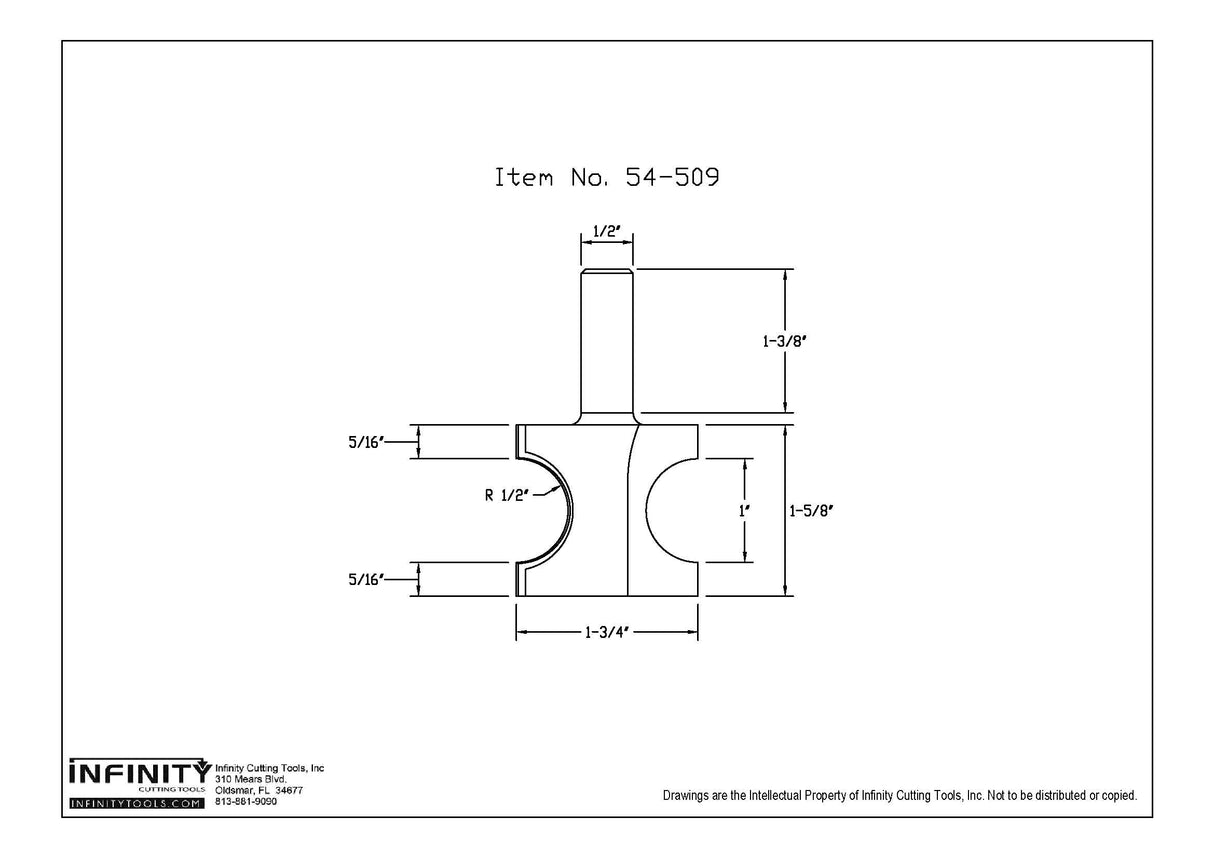 Technical drawing of router bit with item number 54-509 and detailed measurements for woodworking.