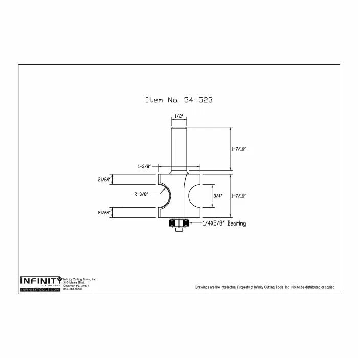 Technical drawing of router bit with dimensions and bearing, item 54-523, woodworking tool