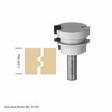Glue joint router bit with example wood profile and 1-1/4 inch max cut depth.