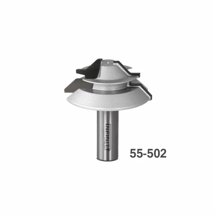 Router bit for woodworking, metal shank, with model number 55-502 visible.