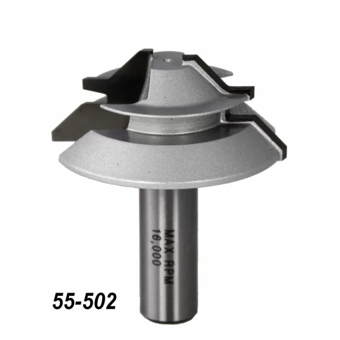 Carbide-tipped router bit with steel shank, labeled 55-502, for woodworking joinery.