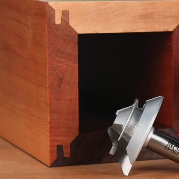 Router bit with wooden box showing lock miter joint woodworking detail