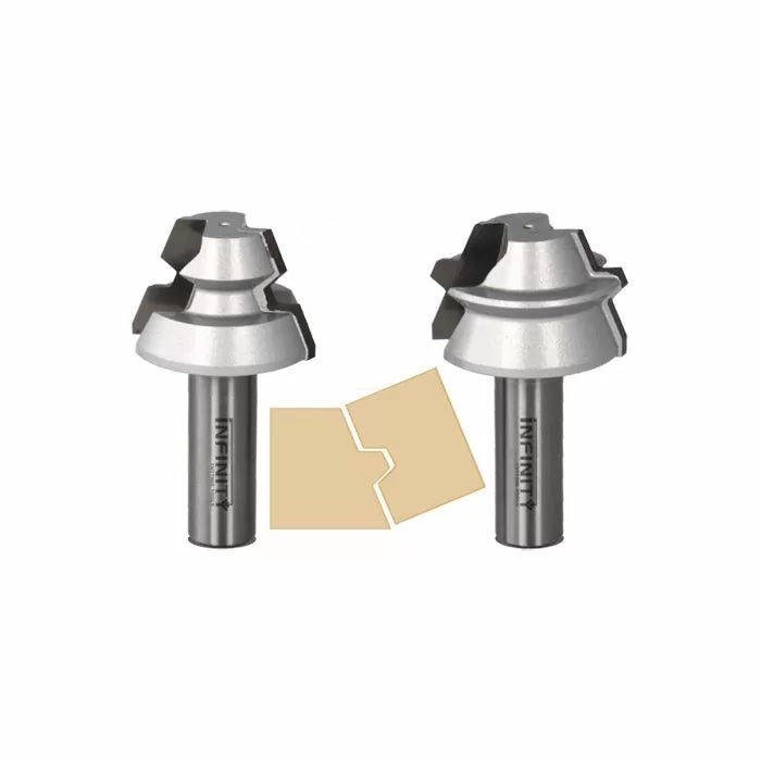 Lock miter router bit set for woodworking joinery, shown with sample cut profile