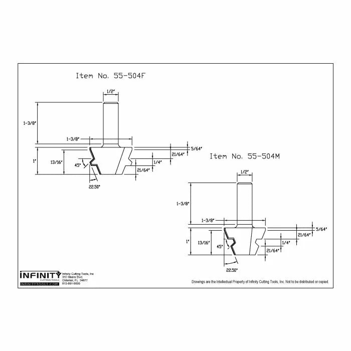 Technical drawing of woodworking router bits with dimensions, labeled 55-504F and 55-504M.