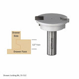 Drawer locking router bit with diagram showing 1/2 inch face joinery for woodworking drawers