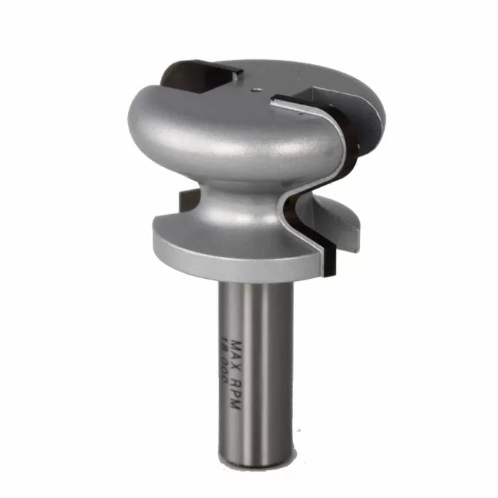 Carbide T-slot router bit for woodworking, shown with silver shank and precision-cut flutes.