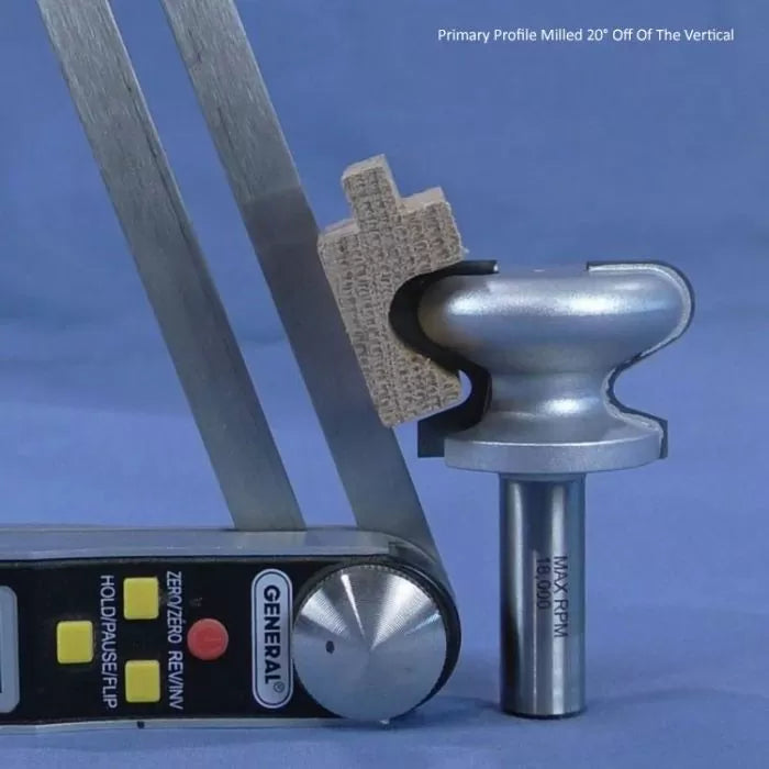 Woodworking router bit with sample profile cut, digital angle gauge, and caliper tool