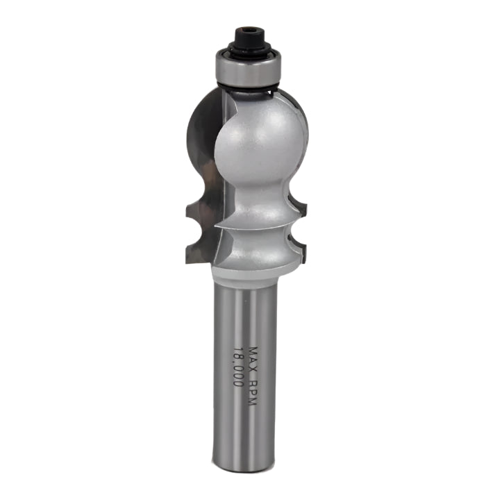 Woodworking router bit with ball bearing and detailed profile cutting edge on white background