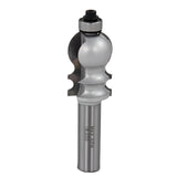 Woodworking router bit with ball bearing and detailed profile cutting edge on white background