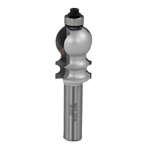 Woodworking router bit with ball bearing and detailed profile cutting edge on white background