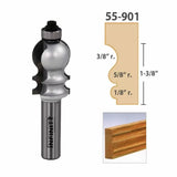 Router bit with molding profile diagram, labeled dimensions, and wood trim sample