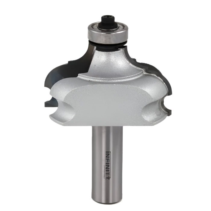 Large silver router bit with bearing for woodworking, ornate edge profile, isolated on white