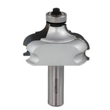 Large silver router bit with bearing for woodworking, ornate edge profile, isolated on white