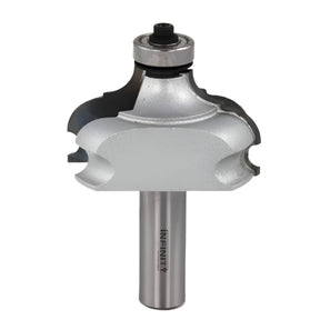 Large silver router bit with bearing for woodworking, ornate edge profile, isolated on white