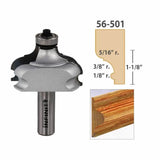 Woodworking router bit with bearing, molding profile diagram, and finished wood edge sample.
