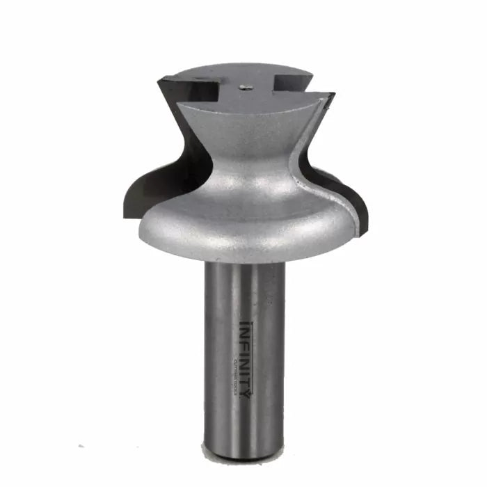 Large silver woodworking router bit with curved cutting edge, isolated on white background