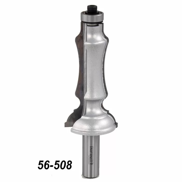 Router bit for woodworking, ornate profile, with part number 56-508 engraved on shank.