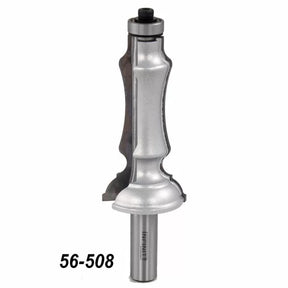 Router bit for woodworking, ornate profile, with part number 56-508 engraved on shank.