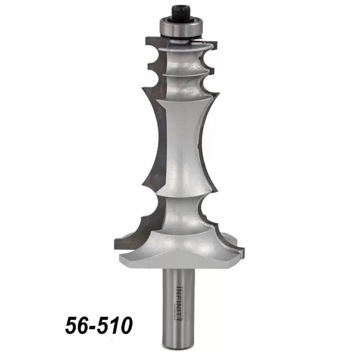 Large silver router bit with bearing, ornate profile design, and '56-510' product number