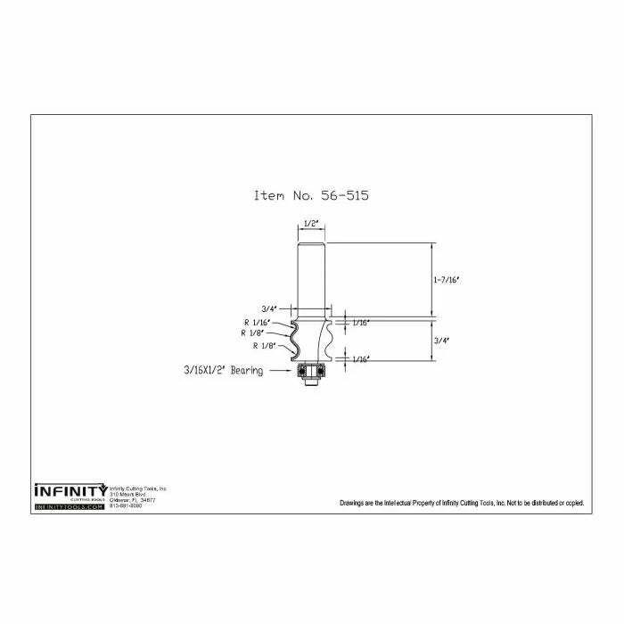 Technical drawing of a woodworking router bit with dimensions and bearing details.