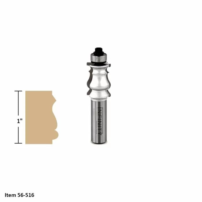 1-inch woodworking router bit with intricate profile, shown with cut sample and item number 56-516