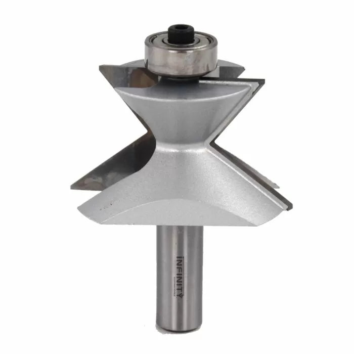 Steel router bit with bearing guide for woodworking, ideal for precision joinery cuts.
