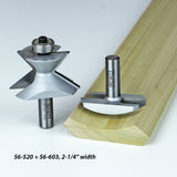 Two router bits for woodworking and a molded wood board on white background