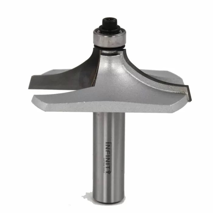 Large round-over router bit with bearing for woodworking, silver steel finish, close-up