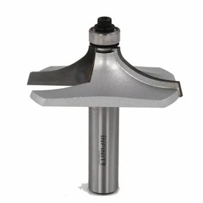 Large round-over router bit with bearing for woodworking, silver steel finish, close-up