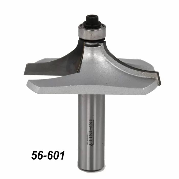 Carbide router bit for woodworking with bearing, part number 56-601, on white background.