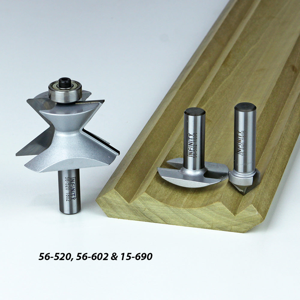 Three woodworking router bits with sample moulding profile on white background