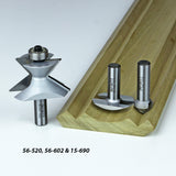 Three woodworking router bits with sample moulding profile on white background