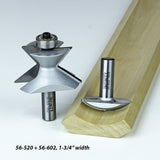 Two metal router bits for woodworking with cut molding profile and engraved part numbers