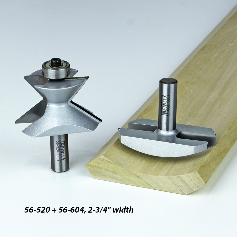 Woodworking router bits for edge forming and joinery, displayed with milled wooden board