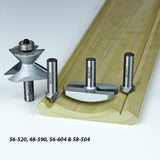 Carbide router bits displayed on routed wood molding for woodworking precision cuts