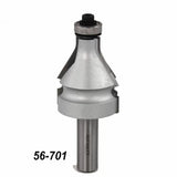 Steel woodworking router bit with bearing edge and 56-701 product number visible.