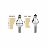 Two woodworking router bits with profile examples, labeled 56-701 and 56-702, with height measurements.