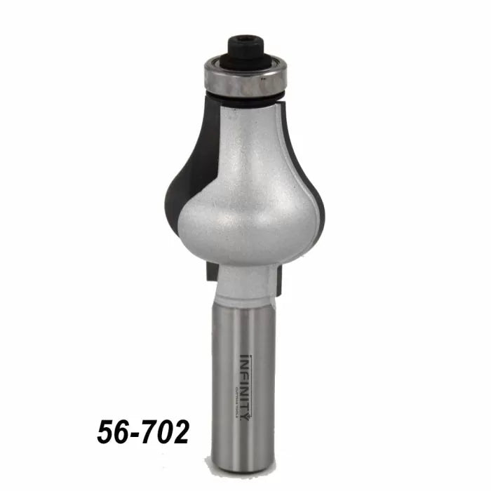 Roundover router bit with bearing for woodworking, model 56-702, on white background.
